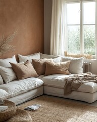 Cozy corner sofa with cushions positioned against a window and a terra cotta wall. Scandinavian-style interior design of a modern living room, Generative AI