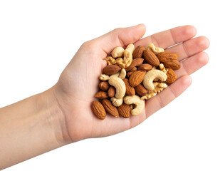 Handful of Raw Nuts in Palm, Human Touch Concept, isolated on a transparent background”