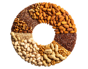 Group of Nuts and Grains in Organic Circle Composition, isolated on a transparent background”