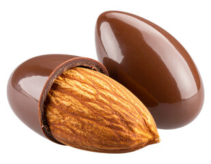 Chocolate-Coated Almond with Cut View Showing Inside, isolated on a transparent background”