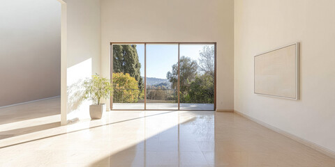 Obraz premium Modern minimalist interior design with large windows showcasing a scenic view in bright natural light