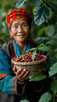 Women from northern Thai ethnic groups harvest coffee