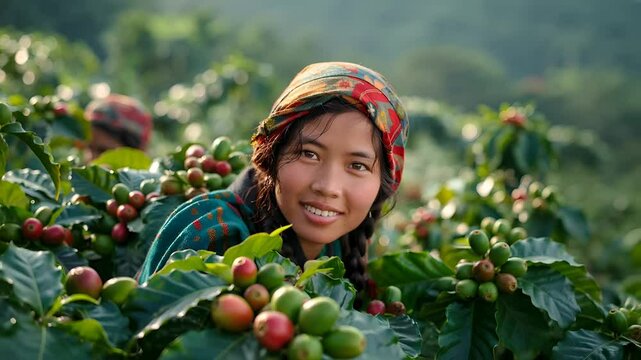 Women from northern Thai ethnic groups harvest coffee