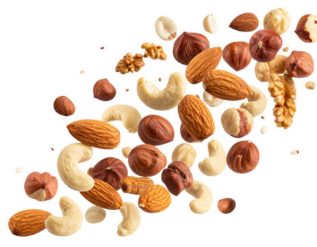 Flying Mixed Nuts Falling in Air, Motion Effect, isolated on a transparent background”
