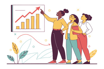 Diverse team of women collaborating and achieving success by analyzing upward trend on financial growth chart