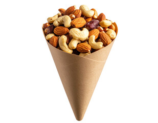 Nuts in Paper Cone Snack Holder, Side View, isolated on a transparent background”