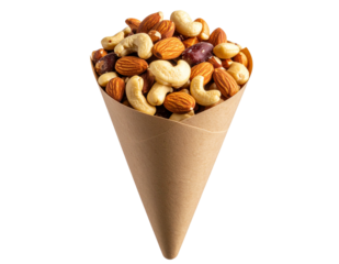 Nuts in Paper Cone Snack Holder, Side View, isolated on a transparent background”