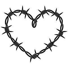 Barbed wire heart symbolizing love and pain, Illustration of a heart shape made from barbed wire, representing difficult love, heartbreak, emotional pain, or protection in relationships.

