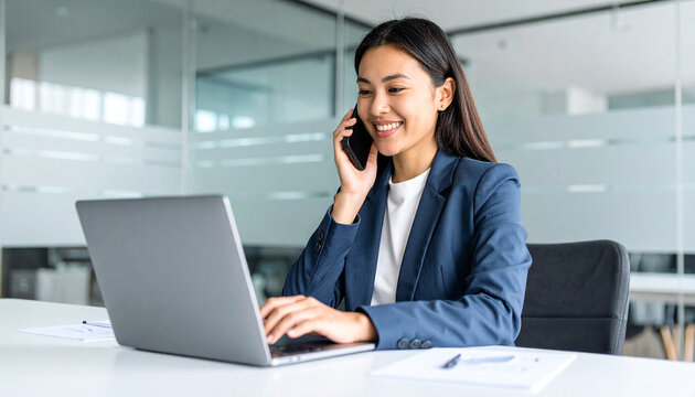 Business woman using laptop computer typing in modern office. 