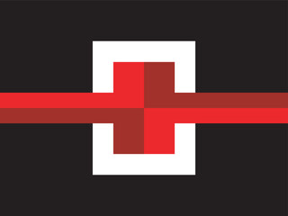 Geometric Pixelated Red Cross Symbol with White Border on Black Background