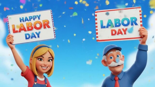 Cartoon characters celebrating Labor Day with signs and confetti, set against a blue sky