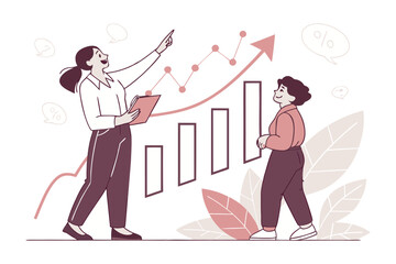 Two business professionals collaborating on a growth chart discussing financial performance and future strategies with positive outlook
