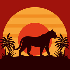 vector illustration tiger silhouette in jungle clearing with retro