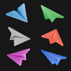 Assortment of colorful 3D paper airplanes on a black background.