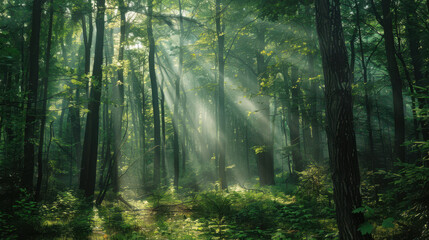 Obraz premium Sunbeams pierce through a lush green forest canopy on a misty morning