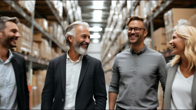 Front view of four managers walking and talking in large distribution warehouse - Powered by Adobe