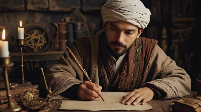 In an ancient library adorned with brass instruments and candles, a Middle Eastern scholar in a long robe and turban carefully writes with a reed pen on parchment, immersed in his studies
