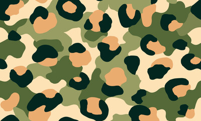 Green leopard print, seamless pattern, earthy colors, simple shapes, minimalist design, olive green and beige color palette, vector illustration, flat style, vintage feel, camouflage background
