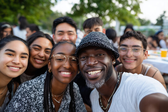Multicultural group of friends celebrating Independence Day picnic,