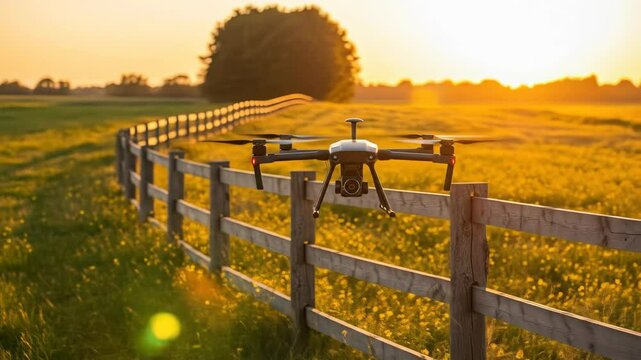Drone View Of Green Fields At Dawn With Wooden Fence