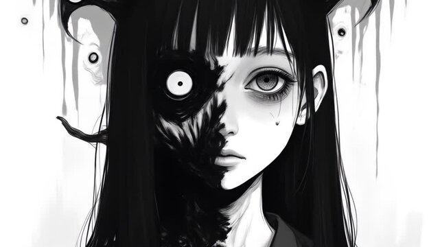 Creepy Black and White Anime Girl with Half Face Devil.	