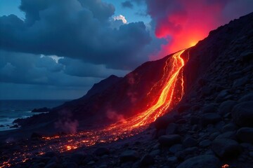 Naklejka premium Glowing Lava Flowing Down Volcanic Slope in Hawaii at Night Raw Power and Untamed Beauty of Nature