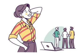 A confident businesswoman with a striped shirt and purple skirt smiles while looking away with colleagues gathered around a laptop in the background