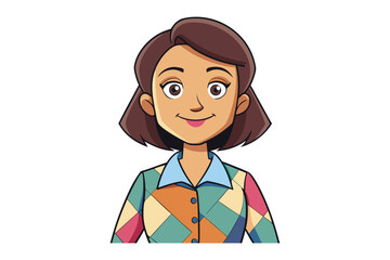 Friendly cartoon woman with short brown hair and a colorful patchwork jacket smiling warmly against a white background