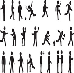 Fototapeta premium Dynamic Human Silhouettes: Diverse Stick Figures in Motion, Exercise, Sports & Everyday Activities