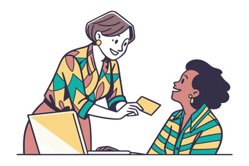 Two diverse women collaborate at a desk one presenting a card to the other showcasing teamwork and modern business interaction