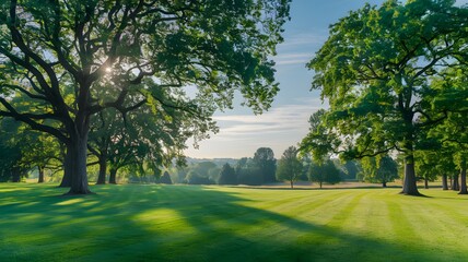 Sunny Green Park with Majestic Trees and Meticulously Striped Lawn
