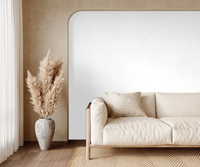 Cutout Interior PNG of Modern Sofa with Pampas Grass in Vase on Transparent Background with Shadow – Transparent Wall Mockup with Realistic Shadows – 3D render	
