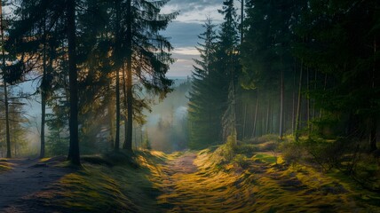 Enchanting Forest Path with Sunbeams and Fog at Dawn