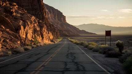 Empty Desert Highway Through Monument Valley at Sunset