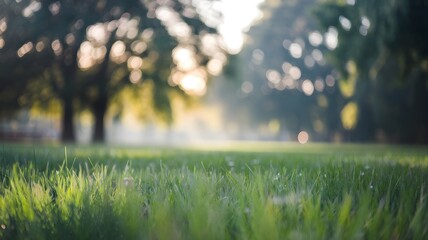  Soft Focus Green Grass with Bokeh Sunlight Through Trees