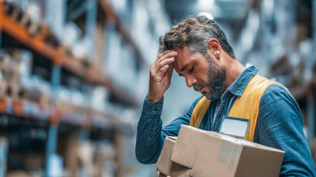 Warehouse Stress: A worker struggles with a delivery, the burden of a hectic workday etched on his weary face within the bustling industrial scene.
