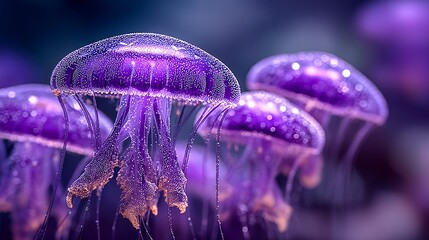 Purple jellyfish are swimming underwater with air bubbles on their bells