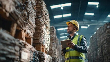 Warehouse Inventory Management: A focused warehouse worker uses a tablet to manage inventory amidst towering stacks of recycled paper. The scene emphasizes efficiency and sustainability in logistics. - Powered by Adobe
