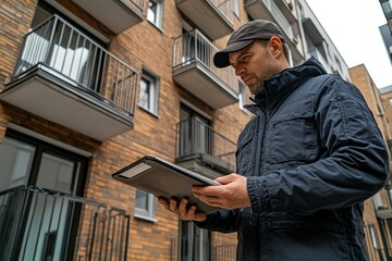 Fototapeta premium Home inspection consultancy, inspector evaluating material integrity of balcony, looking for fractures and potential structural issues, ensuring safety and quality before sale, Generative AI