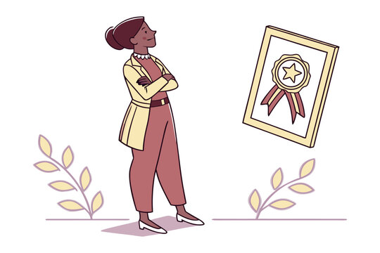 Confident woman proudly gazes at her award certificate symbolizing achievement and recognition in her career or personal life