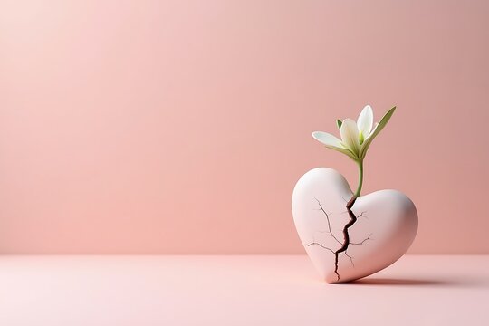 Broken heart healing concept with flower growing through crack symbol