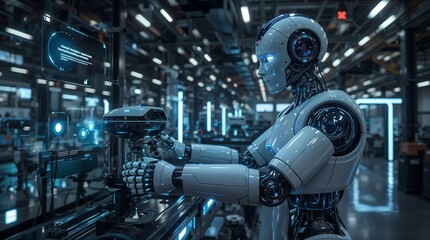 Fototapeta premium Advanced Humanoid Robot in Futuristic Factory – Precision Automation with Holographic Interfaces (AI-Powered Industrial Revolution Concept)
