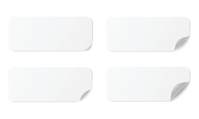 Realistic paper stickers long square with rounded edges adhesive, isolated rounded plastic mockup, white tags, paper round stickers with peeling corner and shadow
