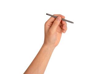 Hand using stylus pen isolated on transparent background.