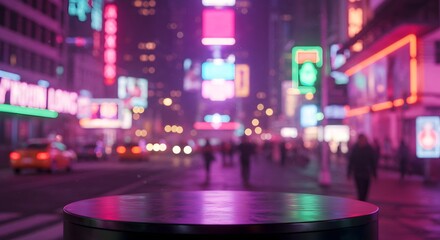 Fototapeta premium Neon cityscape lights up an urban night scene, with a vibrant platform for product displays or creative presentations
