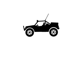Silhouette illustration of an off road vehicle with roll cage and antenna on a white background