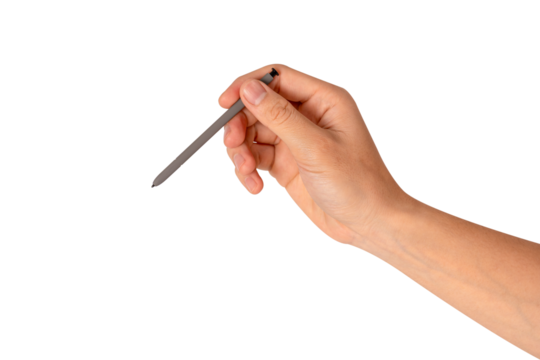 Hand using stylus pen isolated on transparent background.