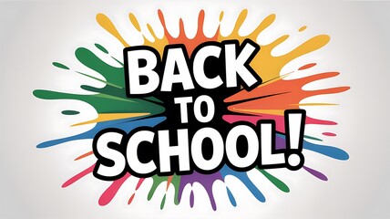 Vibrant back to school text with colorful paint splashes on white background for creative and playful education design