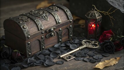 Antique treasure chest with a key and decorative elements on a dark background.