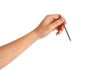 Hand using stylus pen isolated on transparent background.
